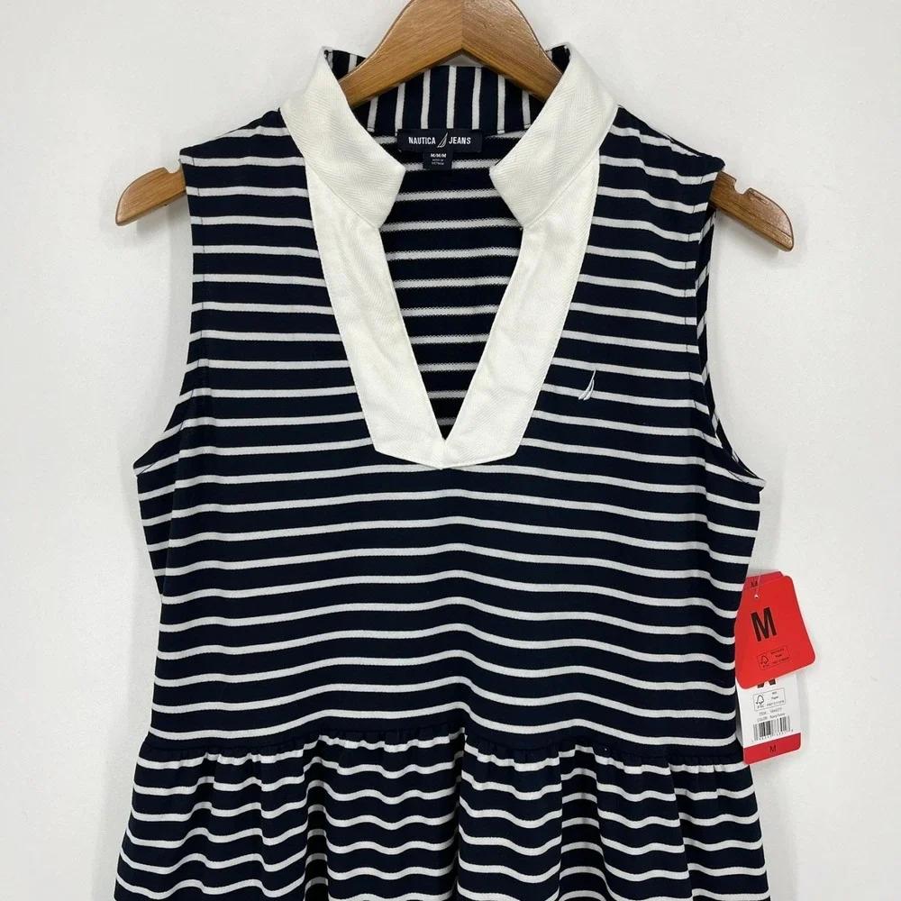 Nautica‎ Jeans Mini Dress Women's Size M Navy Blue Striped Collar New NWT
